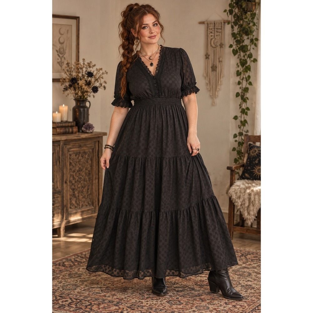 Boho Whimsigoth Max Studio Black Polka Dot Ruffles Lace Trim Tier L Maxi Dress